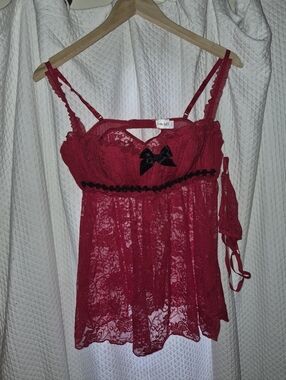 Fredericks of Hollywood Red Lace Lingerie Top Black Bow & Seguins & Panties XL